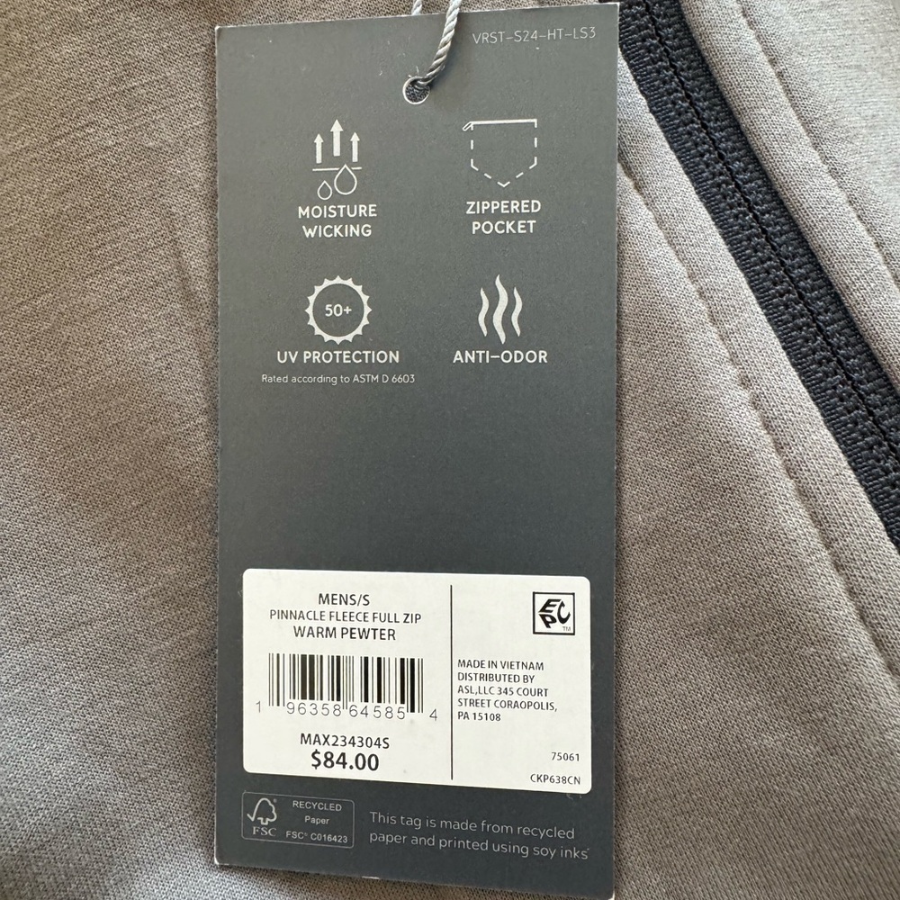 NWT! Men’s VRST Pinnacle fleece pewter full zip moisture wicking hoodie jacket S - Picture 5 of 5